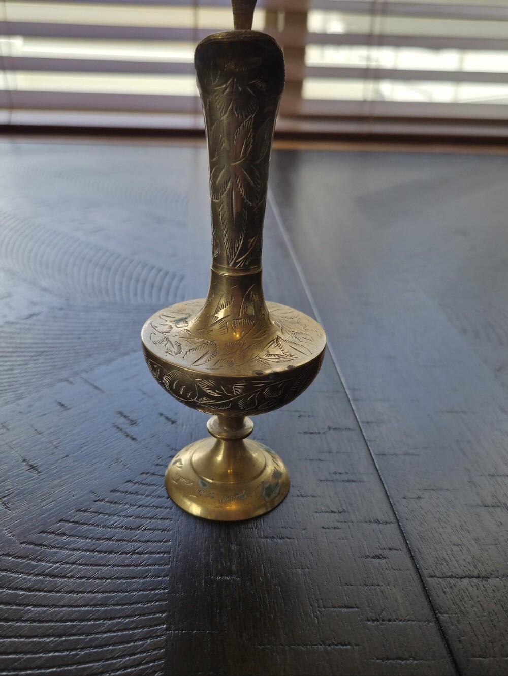 Vintage Etched Brass Pitcher India - Ornate Floral Footed Ewer Vase - Picture 10 of 12